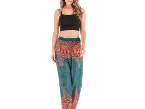 Bohemian Style High-Waisted Harem Suit Pants with Elastic Waistband and Exotic Print"