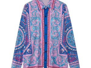 Men's Paisley Print Long-Sleeve Button-Up Shirt in Pink and Blue
