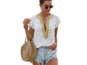 Women's Embellished V-Neck Short Sleeve Casual Blouse