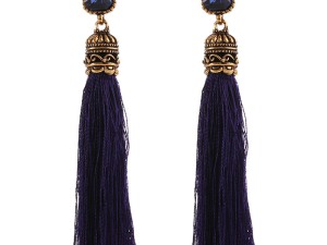 Elegant Navy Blue Tassel Earrings with Gold-Tone Filigree Caps and Square Gemstone Studs