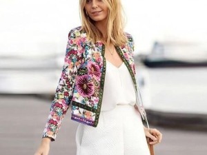 Women's Floral Print Zippered Bomber Jacket with White Dress