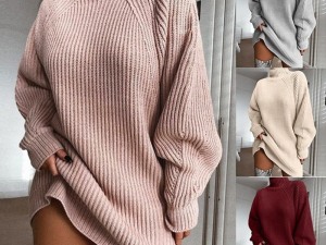Cozy Charm : Oversized Ribbed Turtleneck Sweater Dress in Autumn Hues