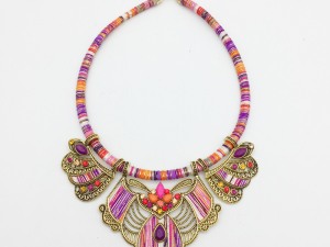 Bohemian Style Colorful Beaded Statement Necklace with Gold-Tone Filigree Accents