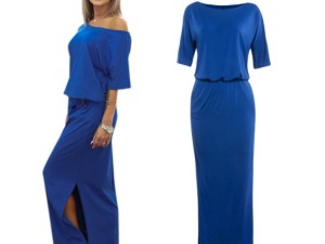 Women's Elegant Royal Blue Off-Shoulder Maxi Dress with Side Slit and Overlay Top