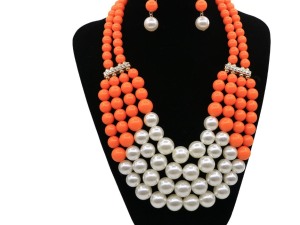 Multi-Strand Orange Bead and White Pearl Necklace Set with Matching Earrings