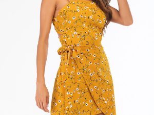 "Floral Print Mustard Yellow Wrap-Front Cami bohemian dress
