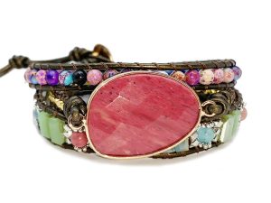 Bohemian Style Multi-Layered Wrap Bracelet with Pink Stone Centerpiece and Mixed Bead Accents
