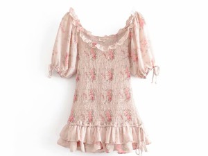 Floral Print Smocked Ruffle Hem Blouse with Tie Sleeves