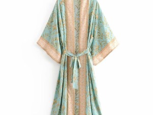 Elegant Aqua and Gold Floral Pattern Kimono Robe