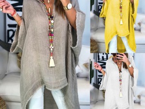 Solid Color Half Sleeve Bohemian Shirt V-neck Top
