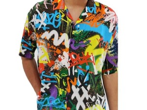 Men's Vibrant Graffiti Art Short Sleeve Button-Up Shirt
