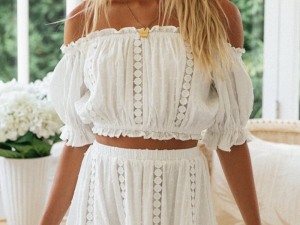 Boho Chic Two-Piece Set: Off-the-Shoulder Cropped Top and Lace Skirt