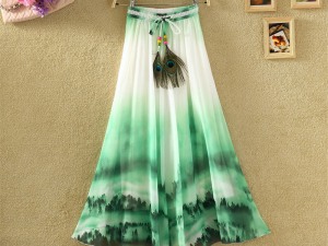 Bohemian Green Tie-Dye Maxi Skirt with Tassel Accent