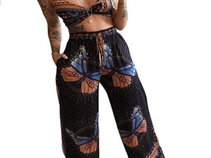 Bohemian Style Butterfly Print High-Waisted Palazzo Pants