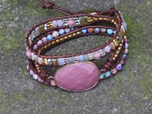 Bohemian Multi-Strand Beaded Leather Wrap Bracelet with Pink Stone Centerpiece