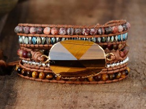 Bohemian Style Multi-Layer Leather Wrap Bracelet with Semi-Precious Stones and Geometric Centerpiece