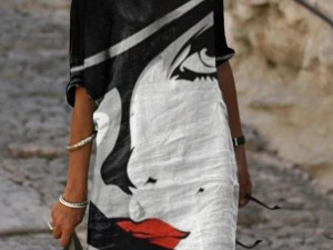 Abstract Face Print V-Neck Casual Tunic Dress with Red Lip Accent