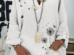 Bohemian Whimsical Dandelion Print Linen Tunic Top