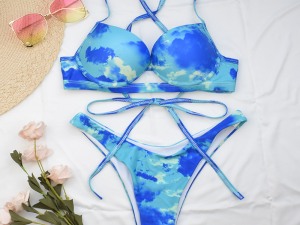 Sky Blue Cloud Print Boho Strappy Bikini Set