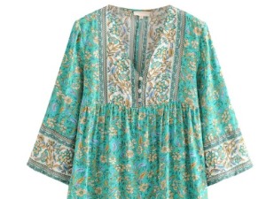 Bohemian Floral Print V-Neck Bell Sleeve Tunic Top