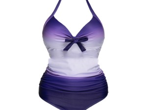 Women's Gradient Purple Halter Neck One-Piece Swimsuit with Bow Detail and Ruched Waist