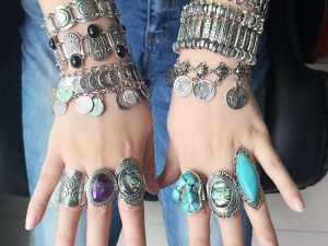 Bohemian Silver-Tone Statement Jewelry Set with Turquoise and Amethyst Accents - Arm Cuffs and Rings Combo