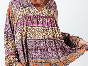 Bohemian Ethnic Print Peasant Blouse with Tassel Accents