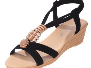 Women's Black Elastic Ankle Strap Wedge Sandals with Floral Embellishments