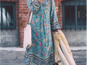 Bohemian Floral Print Long Sleeve Midi Dress with Drawstring Waist