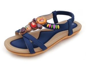 Women's Embellished Blue T-Strap Sandals with Multicolor Gemstone Accents