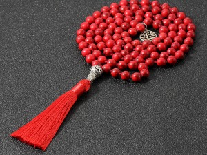 Traditional Red Prayer Beads with Tassel and Decorative Metal Accents