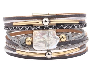 Multi-Layer Bohemian Leather Wrap Bracelet with Natural Stone and Metallic Accents