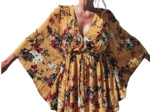 Bohemian Floral Print Kimono Sleeve Wrap Dress in Mustard Yellow