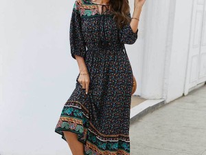Bohemian Style Printed Midi Dress with Three-Quarter Sleeves and Lace-Up Neckline Detail
