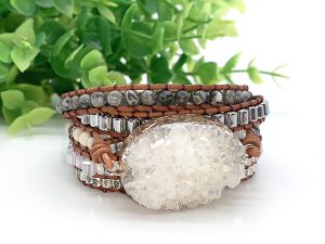 Earthy Elegance: Handcrafted Bohemian Leather Wrap Bracelet with Natural Stone Centerpiece