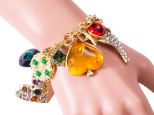 "Multicolored Gemstone Embellished Gold-Tone Charm Bracelet"