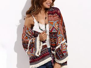 Bohemian Style Off-Shoulder Printed Blouse with Fringe Detailing