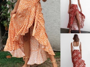 Bohemian Orange Floral Print High-Low Wrap Skirt