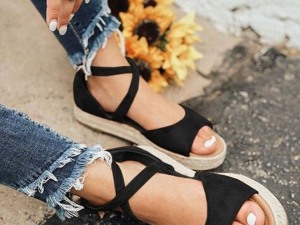 Black Strappy Espadrille Platform Sandals