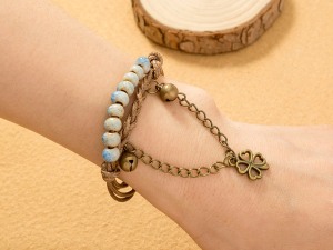 Bohemian Style Beaded and Leather Bracelet with Vintage Bronze Clover Charm
