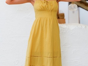 Women's Summer Boho Chic Mustard Yellow Midi Sundress with Ruffle Hem and Tie-Front Detail