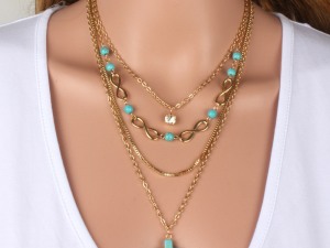 Layered Gold-Tone Chain Necklace Set with Turquoise Beads and Cross Pendant