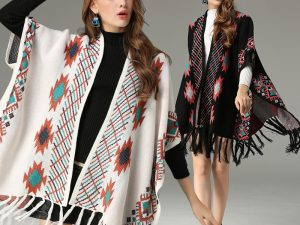 Bohemian Style Fringed Poncho Cape with Tribal Patterns