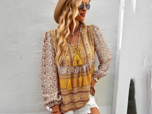 Bohemian Style Floral Print Tassel Tie-Neck Blouse
