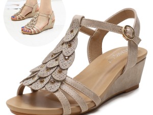 Women's Bohemian Style Beaded Wedge Sandals with T-Strap and Adjustable Ankle Buckle