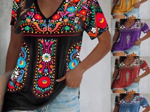 Bohemian Chic Floral Embroidered V-Neck Tee