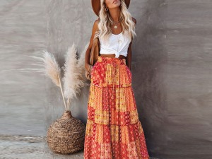 Bohemian Tiered Maxi Skirt in Warm Red and Orange Patchwork Print