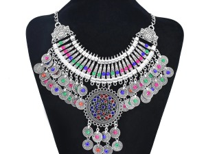 Bohemian Style Multicolored Gemstone Embellished Silver-Tone Statement Necklace