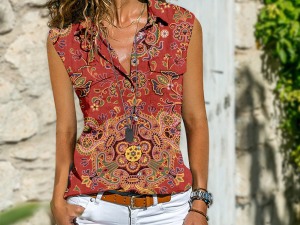 Bohemian Style Floral Print Sleeveless Blouse