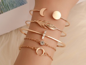 Bohemian Style Gold-Tone Celestial and Nature-Inspired Bangle and Bracelet Set